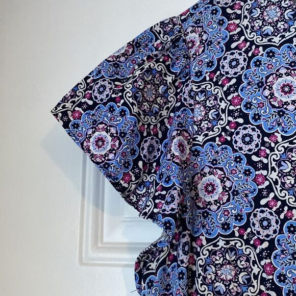 Loft  Medallion Button Ruffle Flounce Blue and Pink Dress Size Large - Picture 5 of 8